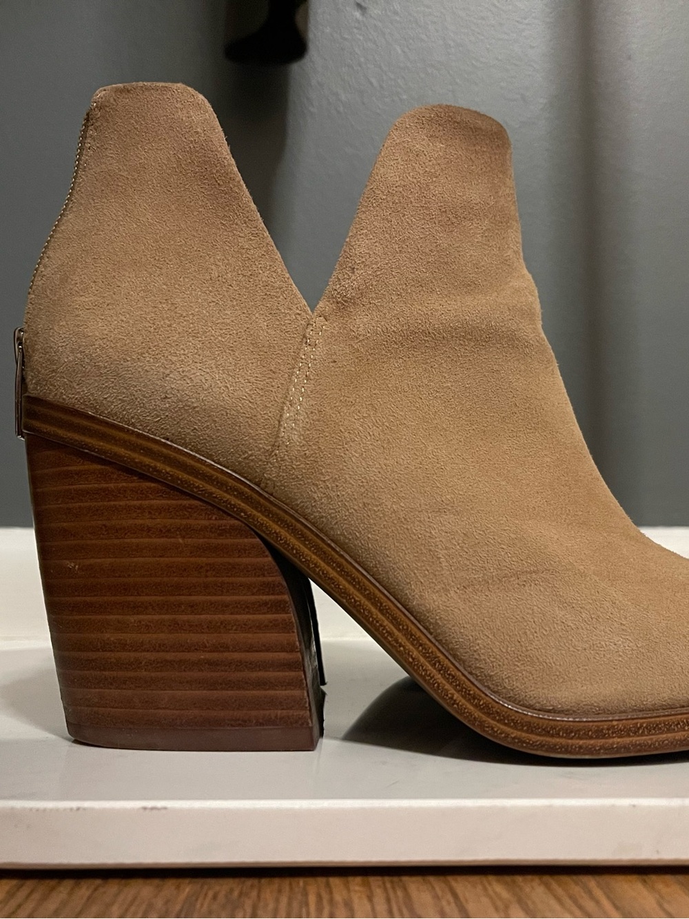 Vince Camuto Beige Suede V-Notch Stacked Heel Ankle Booties
